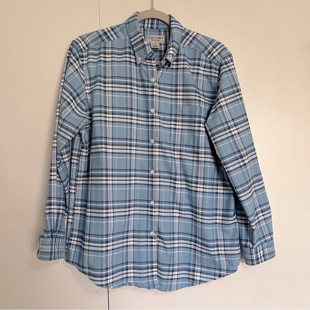 NWOT Cabin Creek Blue Plaid Button Up Long Sleeve Shirt women’s size 8